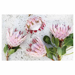 Floral pink Proteas on white bathmat