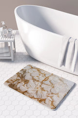 Floral cream bleached hydrangeas on blue bathmat
