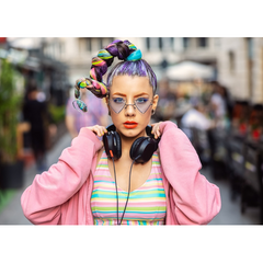 Wall Art Print - Young Woman listening to music on headphones