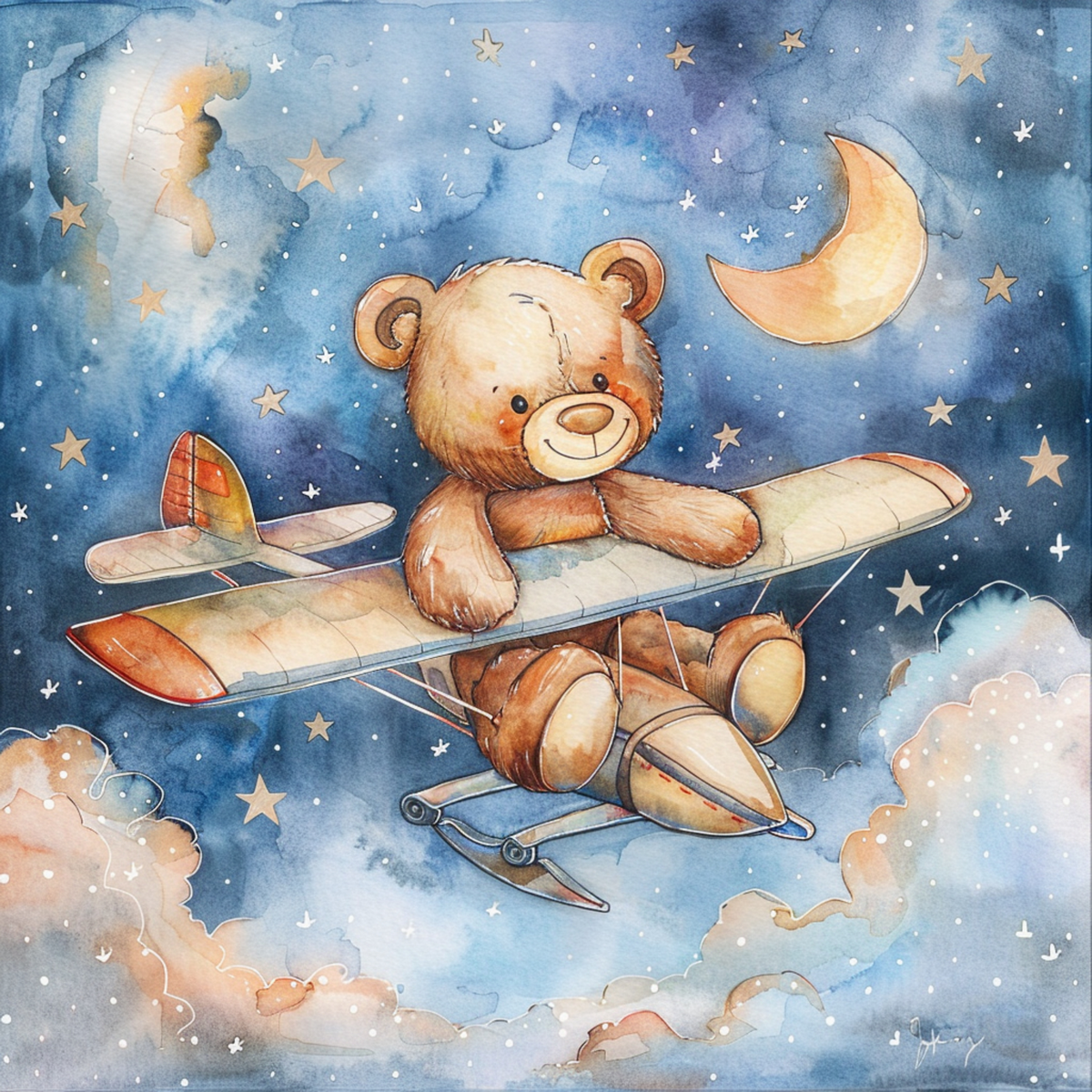 Cute Teddy Bear Flying In The Night Sky