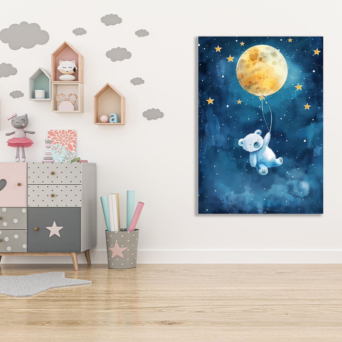 Cute Teddy Bear Floating Using The Moon