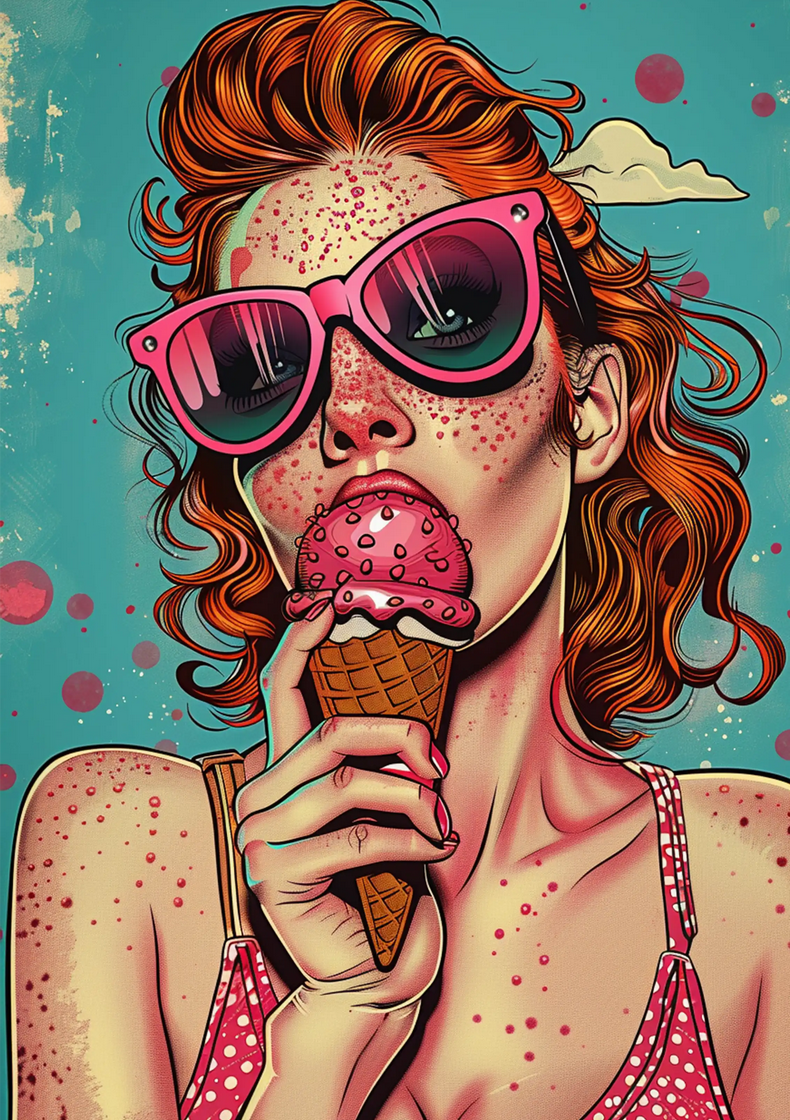 Pop Art-Style Woman Eating  Ice Cream