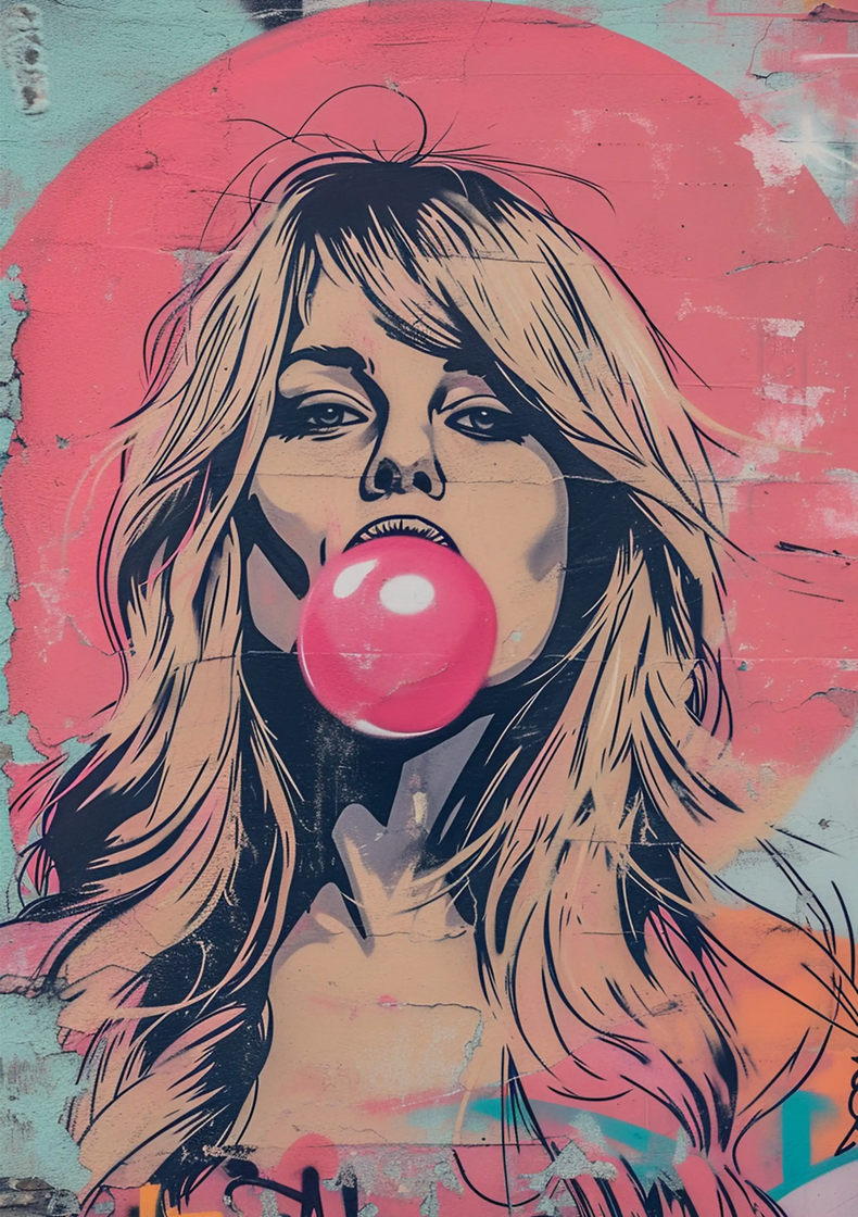 Pop Art-Style Woman Blowing Gum