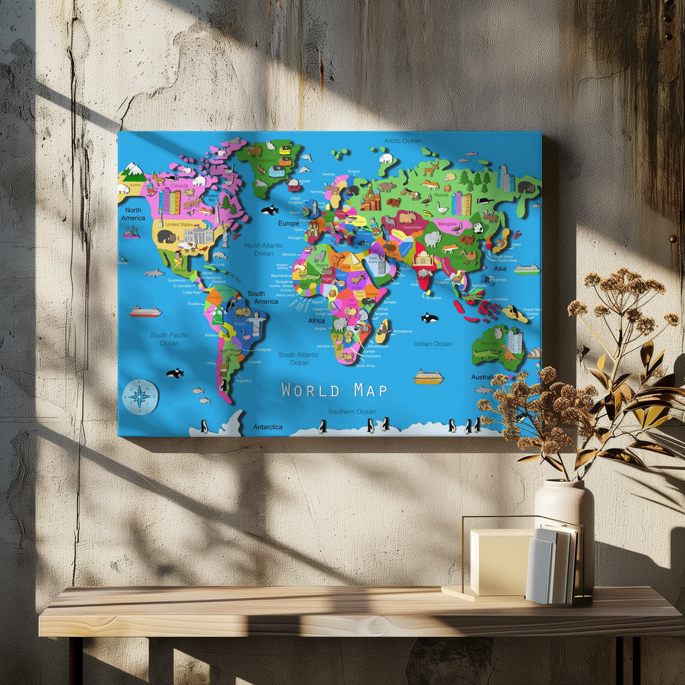 Illustrated World Map with Countries and Continents by Carla Daly