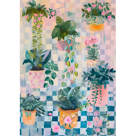 Wall Art Print - Pot Plants on Check Background