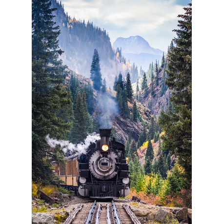 Wall Art Print - Steam train crossing a trestle bridge in the mountains