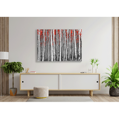 Wall Art Print - Red leaves in a black and white forest